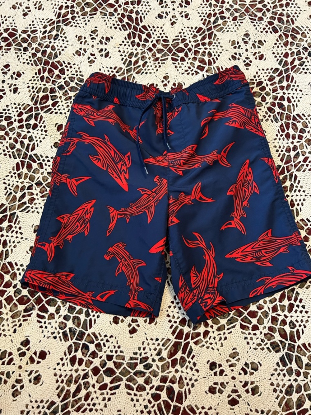 Boy’s Navy Blue Swim Trunks with Red Shark Print